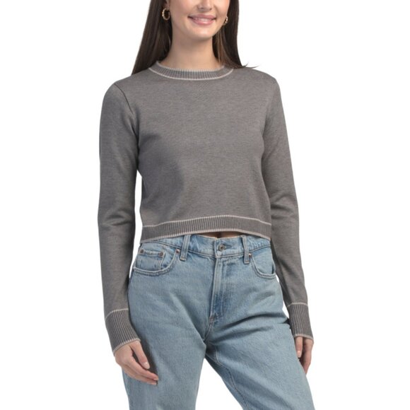 THEO & SPENCE Charcoal Stripe Trim Cropped Crew Neck Sweater - Picture 1 of 2